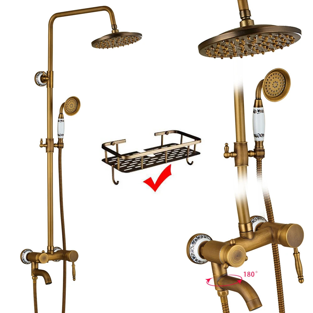 Rozin Ensemble Douche Antique Laiton Mural – Double Poignée, Douchette & Étagère Intégrée | Mitigeur Style Vintage