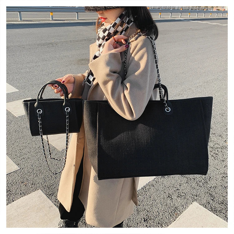 Tote Bag Femme Toile Grande Capacité – Cabas Shopping Chaînes Épaule Messenger Casual