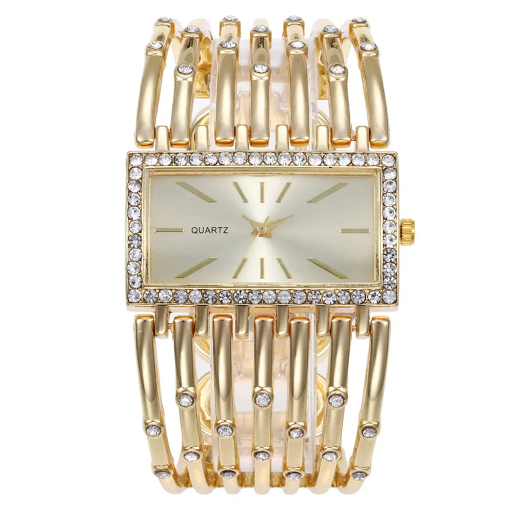 Montre Femme Diamant Rectangle Or 2025 – Bracelet Alliage Doré Quartz Luxe Cadeau
