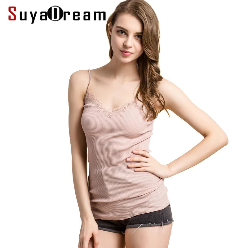 Camisole Dentelle 70% Soie Naturelle & 30% Coton - Basique Luxe Doux Couleur Unie | SuyaDream