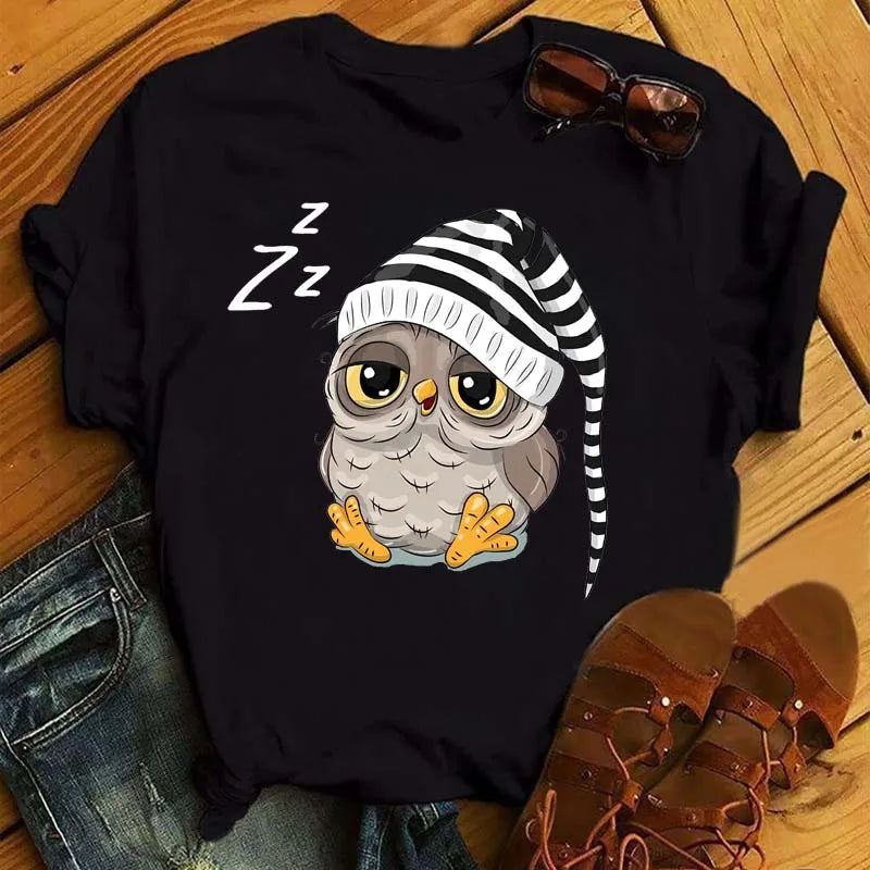 T-Shirt Femme Hibou Kawaii 🦦 – Style Harajuku Japonais | Graphic Tee Cute Manches Courtes