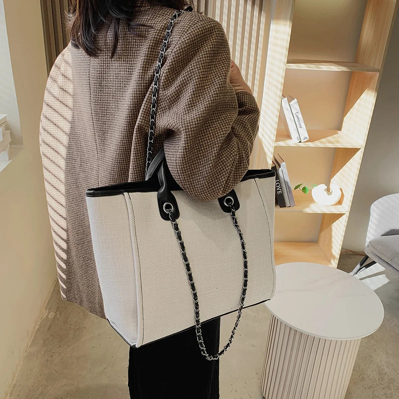 Tote Bag Femme Toile Grande Capacité – Cabas Shopping Chaînes Épaule Messenger Casual