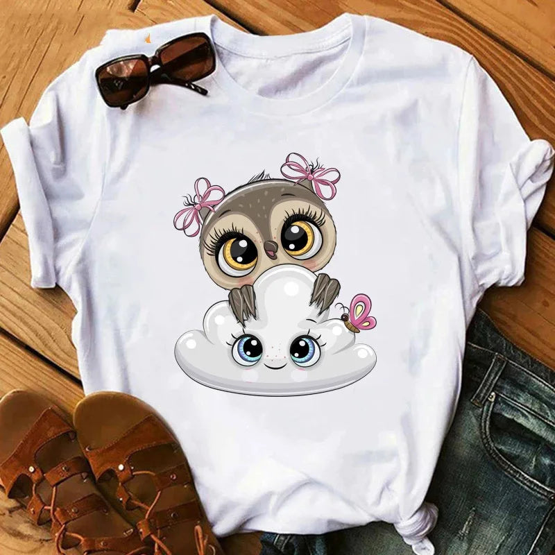 T-Shirt Femme Hibou Kawaii 🦦 – Style Harajuku Japonais | Graphic Tee Cute Manches Courtes