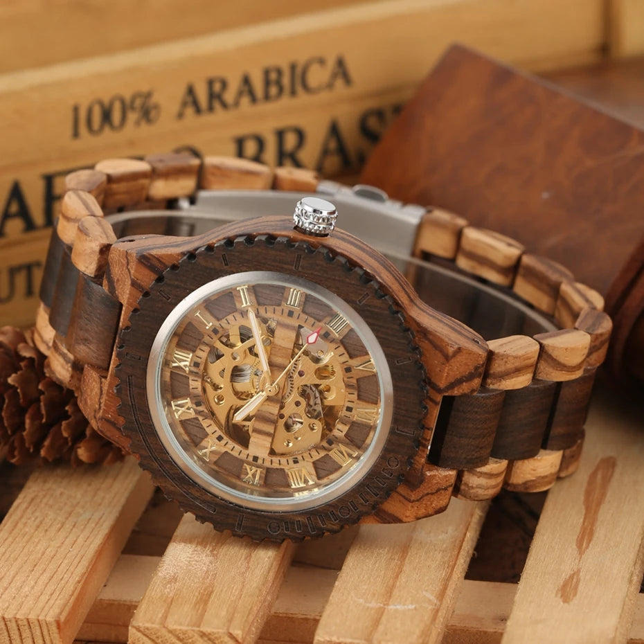 Montre Homme Luxe Mécanique Automatique Bois Bracelet Réglable – Fashion Éco-Responsable Unique