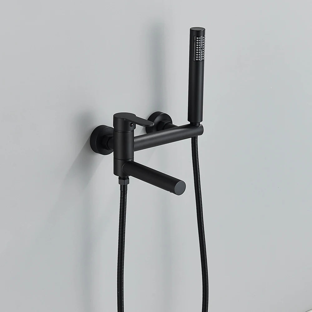 Rozin Robinet Baignoire Mural Noir & Or – Bec Pivotant en Laiton, Mitigeur Douche Complet | Salle de Bain Luxe