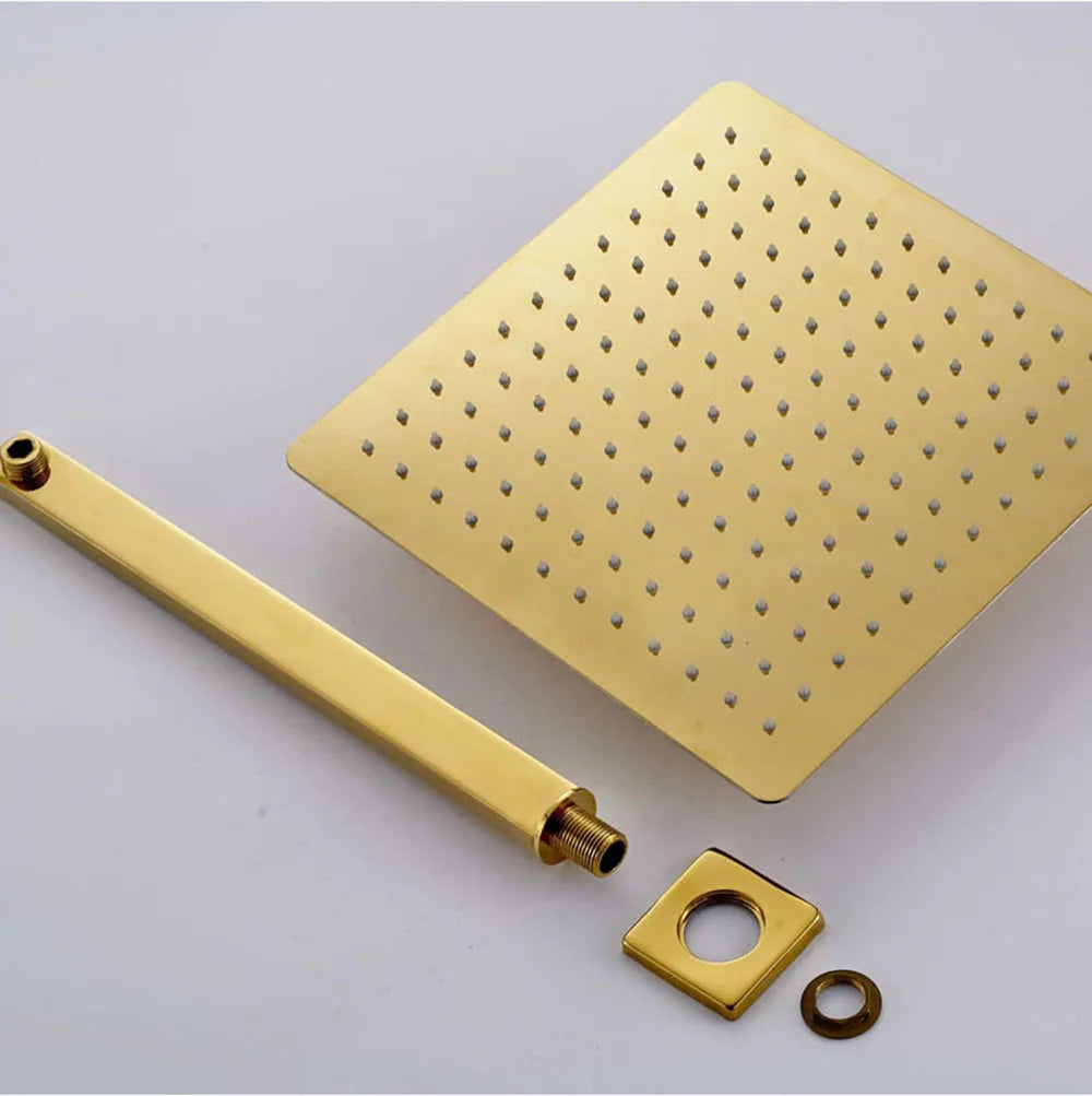 Rozin Ensemble Douche Pluie Carrée Or Encastrée – 8"/10"/12" au Choix, Mitigeur Caché & Bec Baignoire | Salle de Bain Luxe