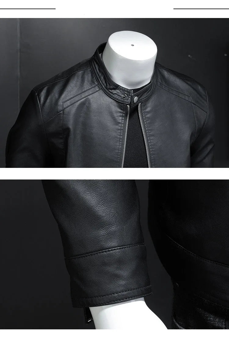 Herren-PU-Lederjacke, schmal geschnitten, Stehkragen, Motorrad, Biker, modisch, leger, Frühling, Herbst, elegant, trendig, robust – Premium Biker Motorrad Lederjacke | Premium Biker Motorrad Mode für Herren