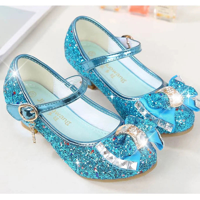 Chaussures Princesse Fille Cuir Paillettes Talon – Nœud Papillon Fleur Bleu Rose Argenté