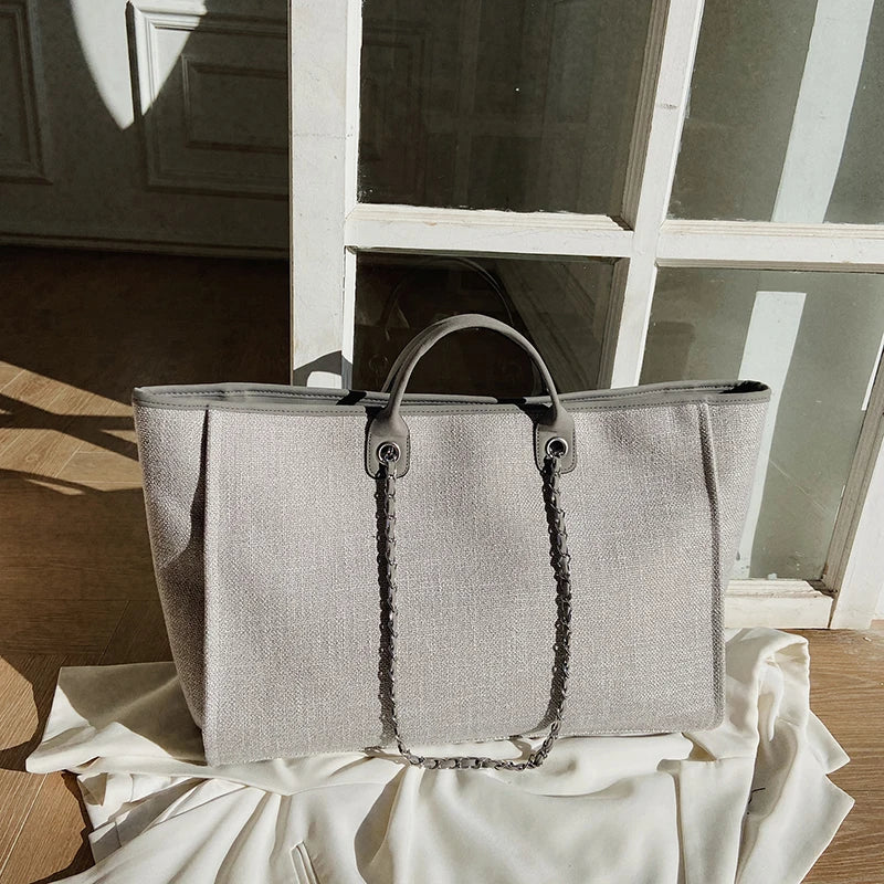 Tote Bag Femme Toile Grande Capacité – Cabas Shopping Chaînes Épaule Messenger Casual