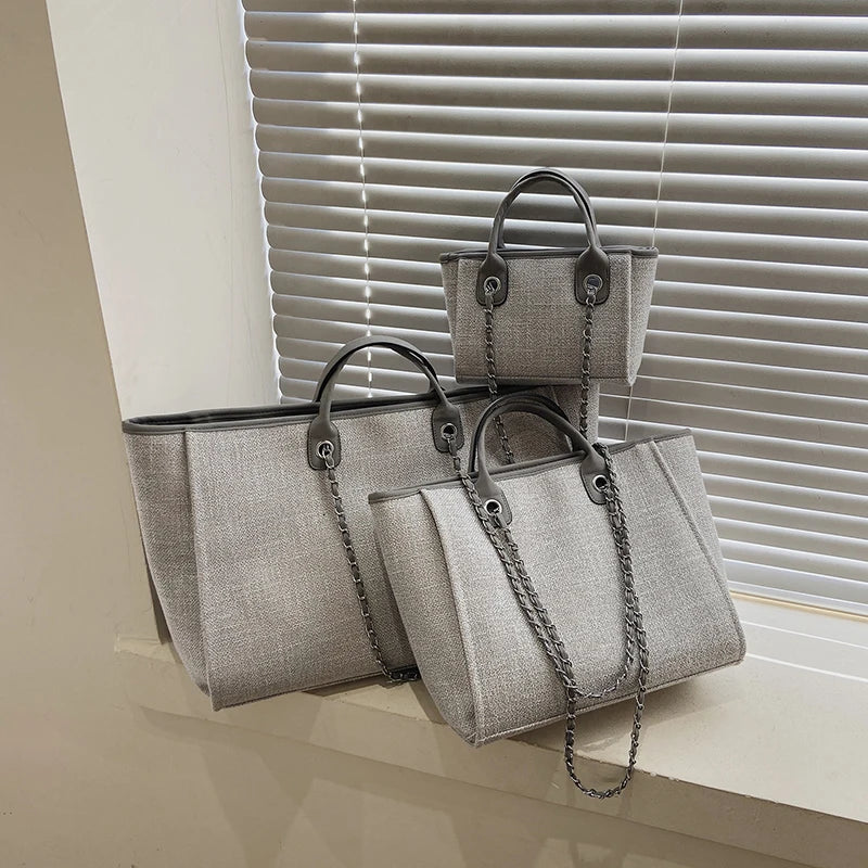 Tote Bag Femme Toile Grande Capacité – Cabas Shopping Chaînes Épaule Messenger Casual