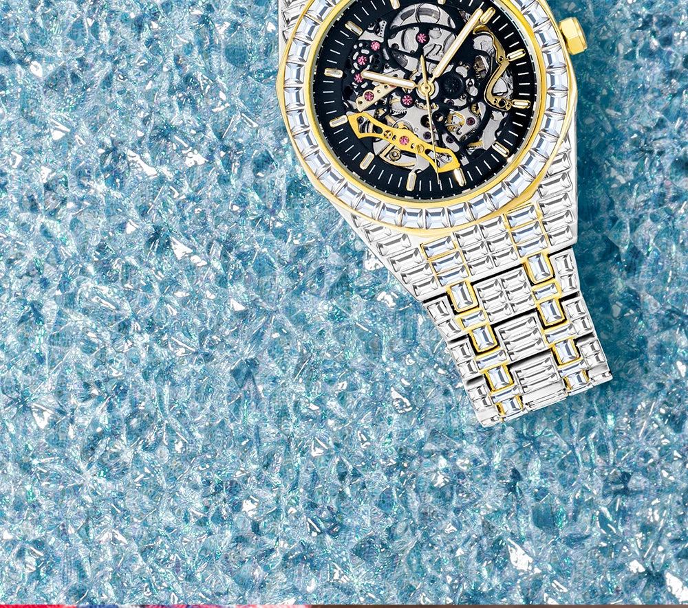 Montre Homme Squelette Or Baguette Automatique – Diamond Lumineux Luxe Étanche Collector
