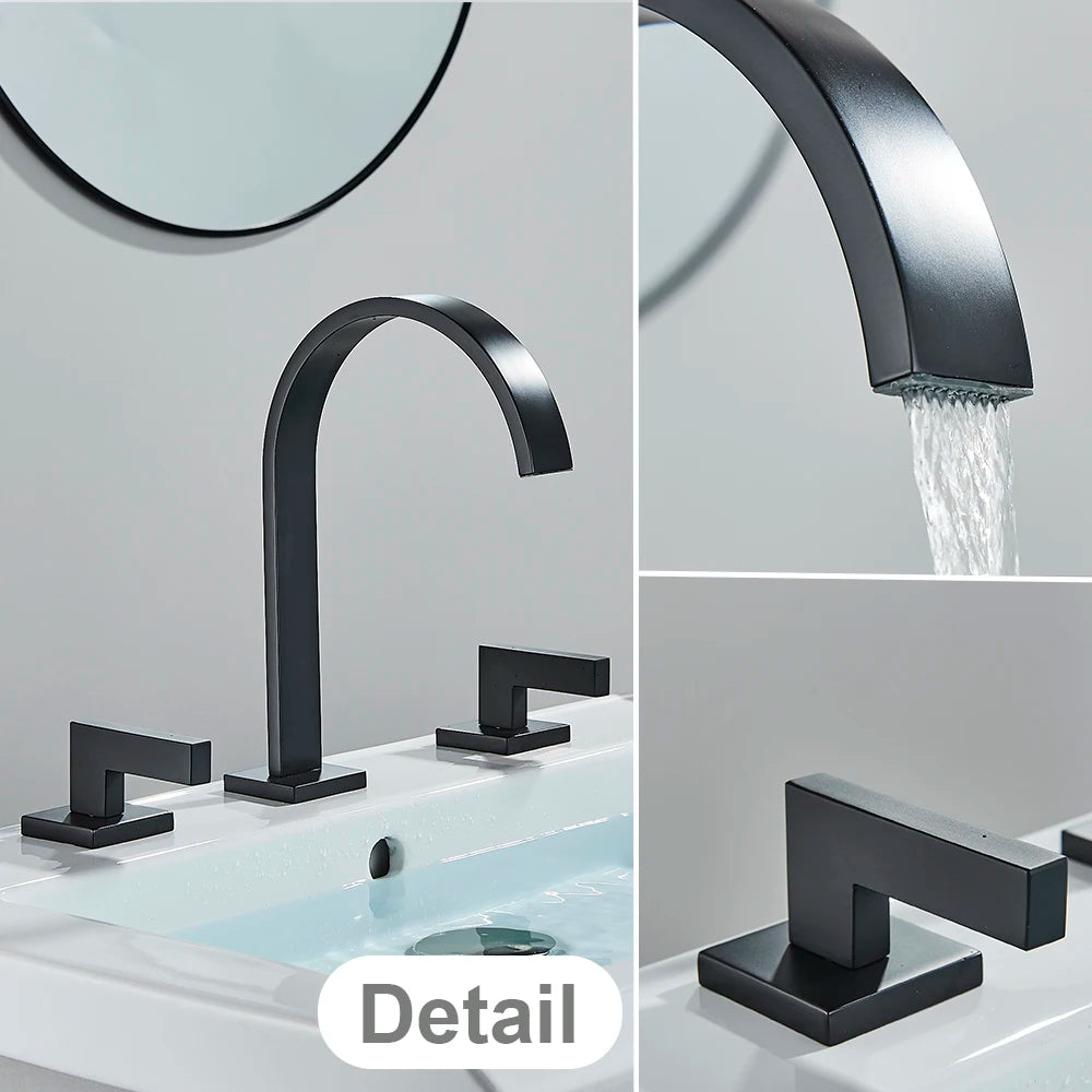 Robinet Lavabo Noir 3 Trous Double Poignée – Mitigeur Eau Chaude & Froide, Chrome | Vasque Salle de Bain