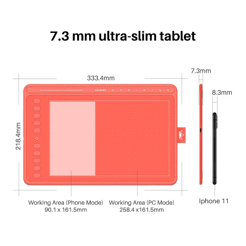 HUION HS611 Tablette Graphique – Stylet Sans Pile Fonction Inclinaison | 3 Couleurs, Touches Multimédia & Barre Media