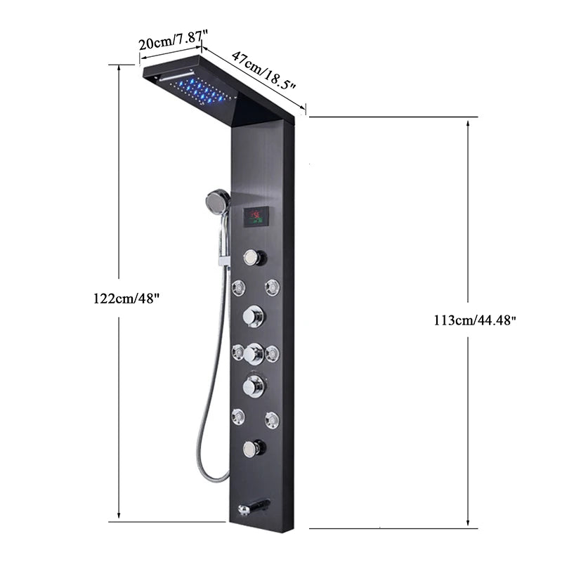 Colonne Douche LED Luxe Nickel Brossé – SPA Jets Massage, Affichage Digital Température | Panneau Douche Tour Salle de Bain