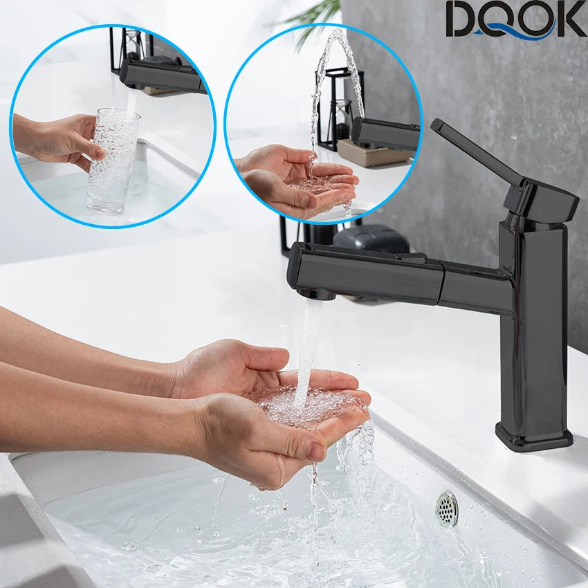 DQOK Robinet Lavabo Extractible Chrome & Noir – Laiton, Douchette Escamotable, Mitigeur Moderne | Vasque Salle de Bain
