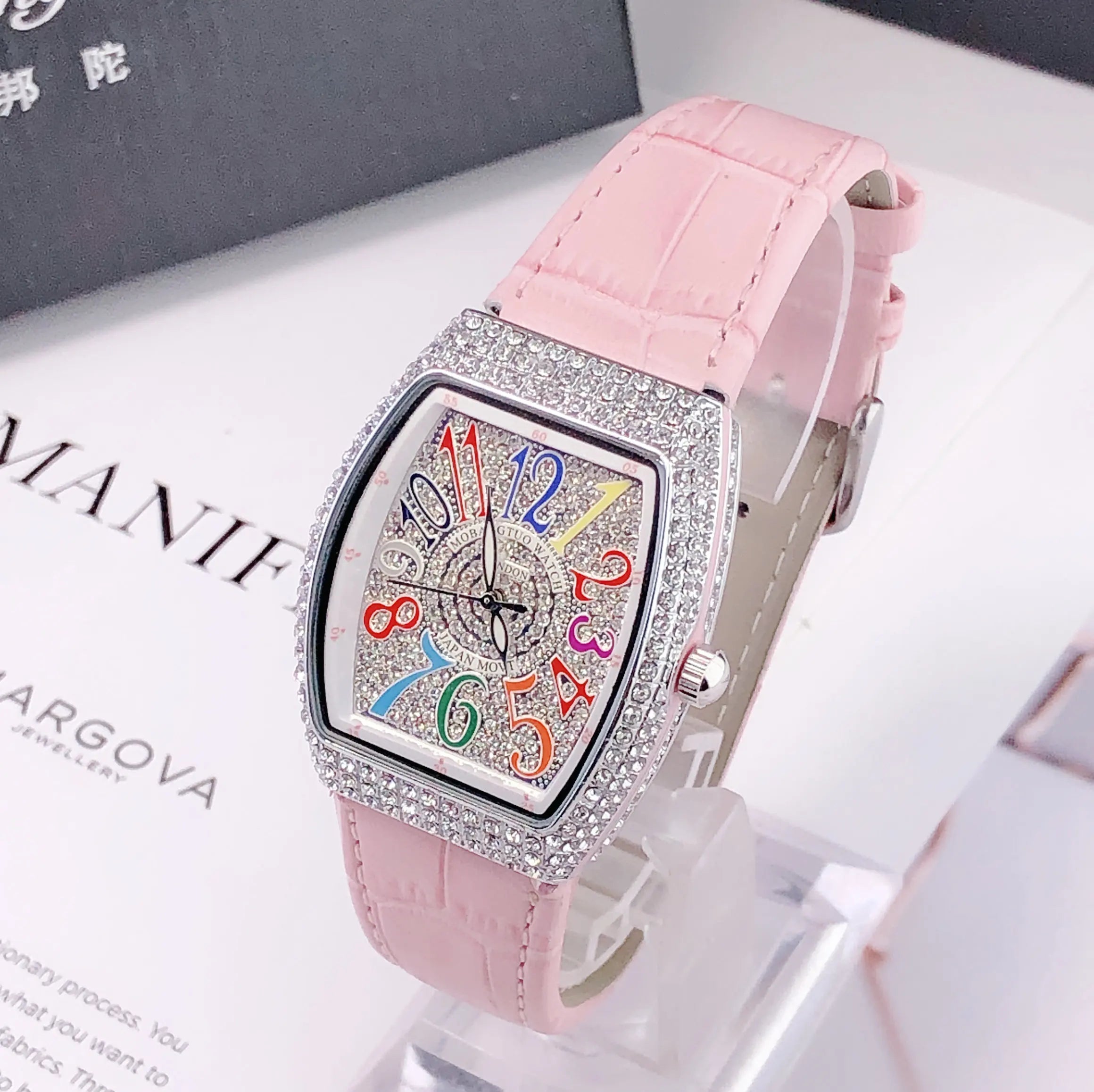 Damen Luxus Diamant Kristall Rechteckiges Zifferblatt Bunt Leder Quarz Uhr – Einzigartiges Elegantes Design