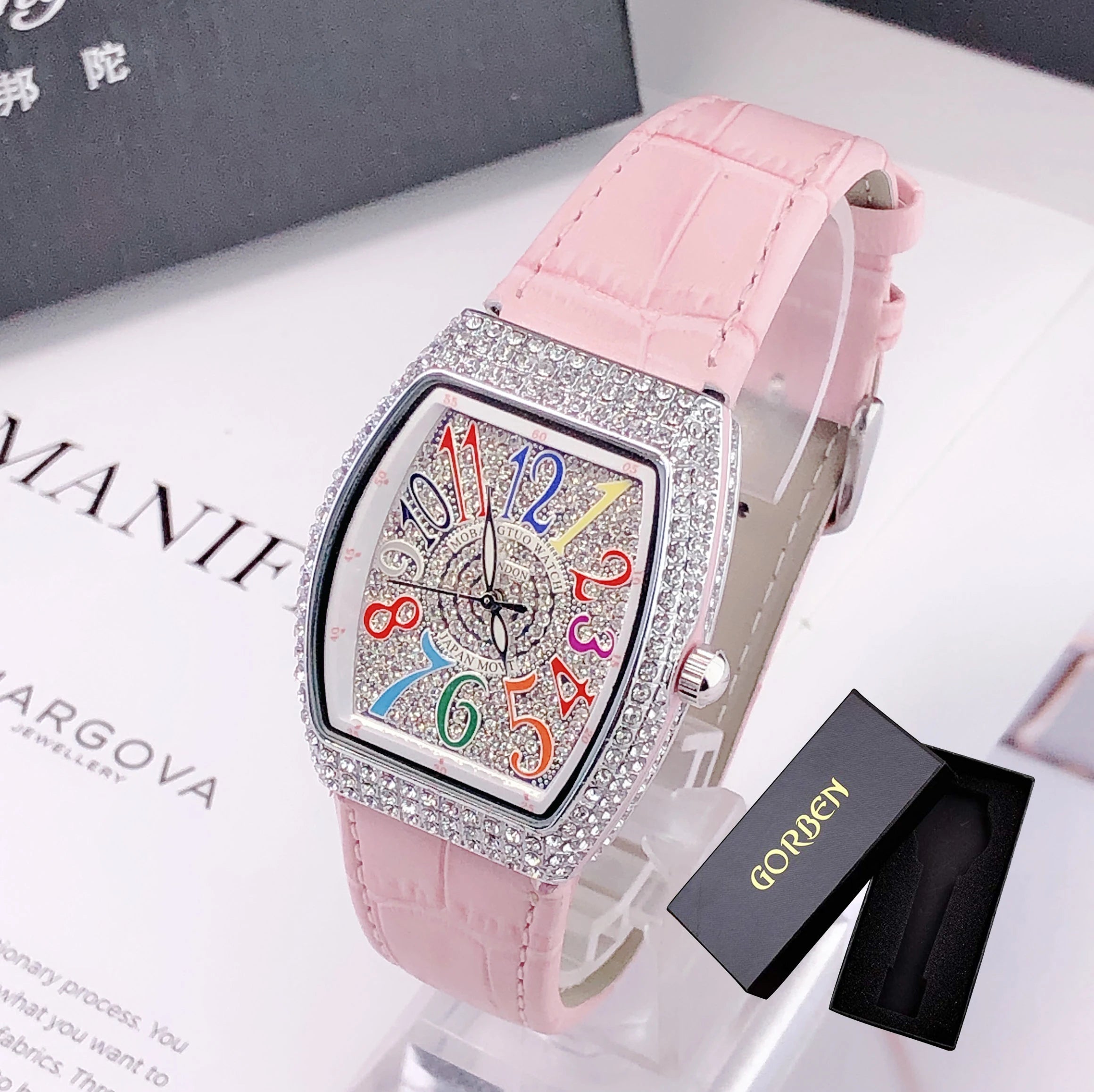 Montre Femme Luxe Diamant Cristal Cadran Rectangle Coloré Cuir Quartz – Design Unique Élégant