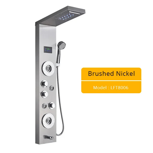 Colonne Douche LED Luxe Nickel Brossé – SPA Jets Massage, Affichage Digital Température | Panneau Douche Tour Salle de Bain