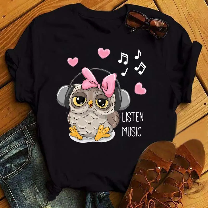 T-Shirt Femme Hibou Kawaii 🦦 – Style Harajuku Japonais | Graphic Tee Cute Manches Courtes