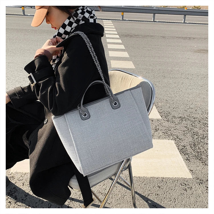 Tote Bag Femme Toile Grande Capacité – Cabas Shopping Chaînes Épaule Messenger Casual