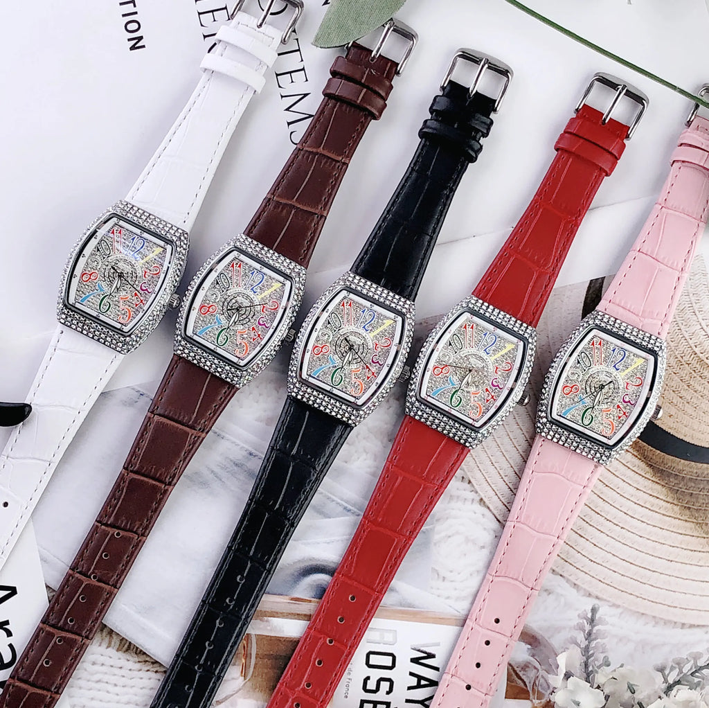 Damen Luxus Diamant Kristall Rechteckiges Zifferblatt Bunt Leder Quarz Uhr – Einzigartiges Elegantes Design