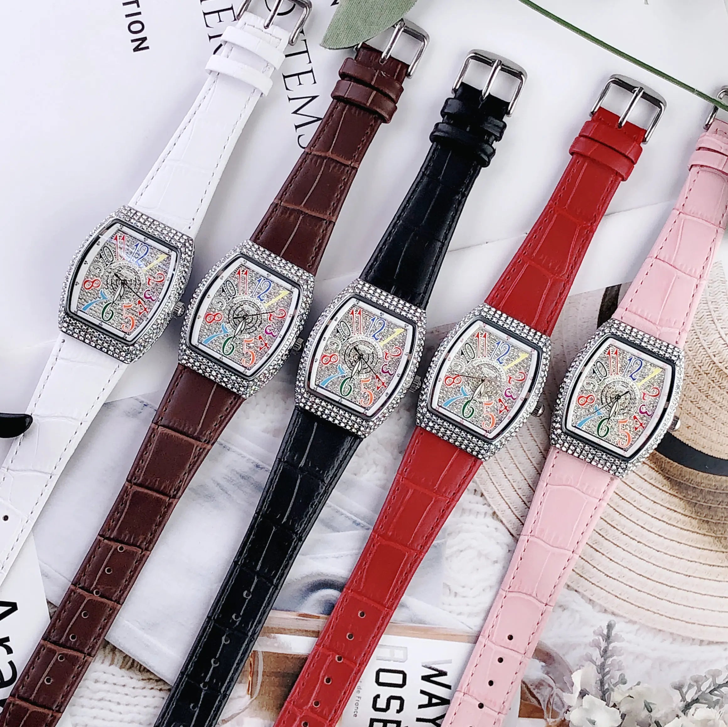 Damen Luxus Diamant Kristall Rechteckiges Zifferblatt Bunt Leder Quarz Uhr – Einzigartiges Elegantes Design