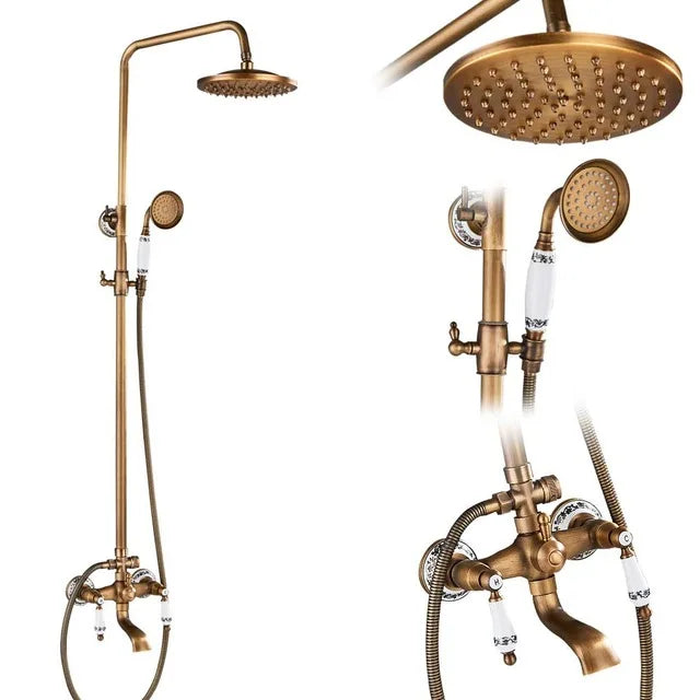 Rozin Ensemble Douche Antique Laiton Mural – Double Poignée, Douchette & Étagère Intégrée | Mitigeur Style Vintage