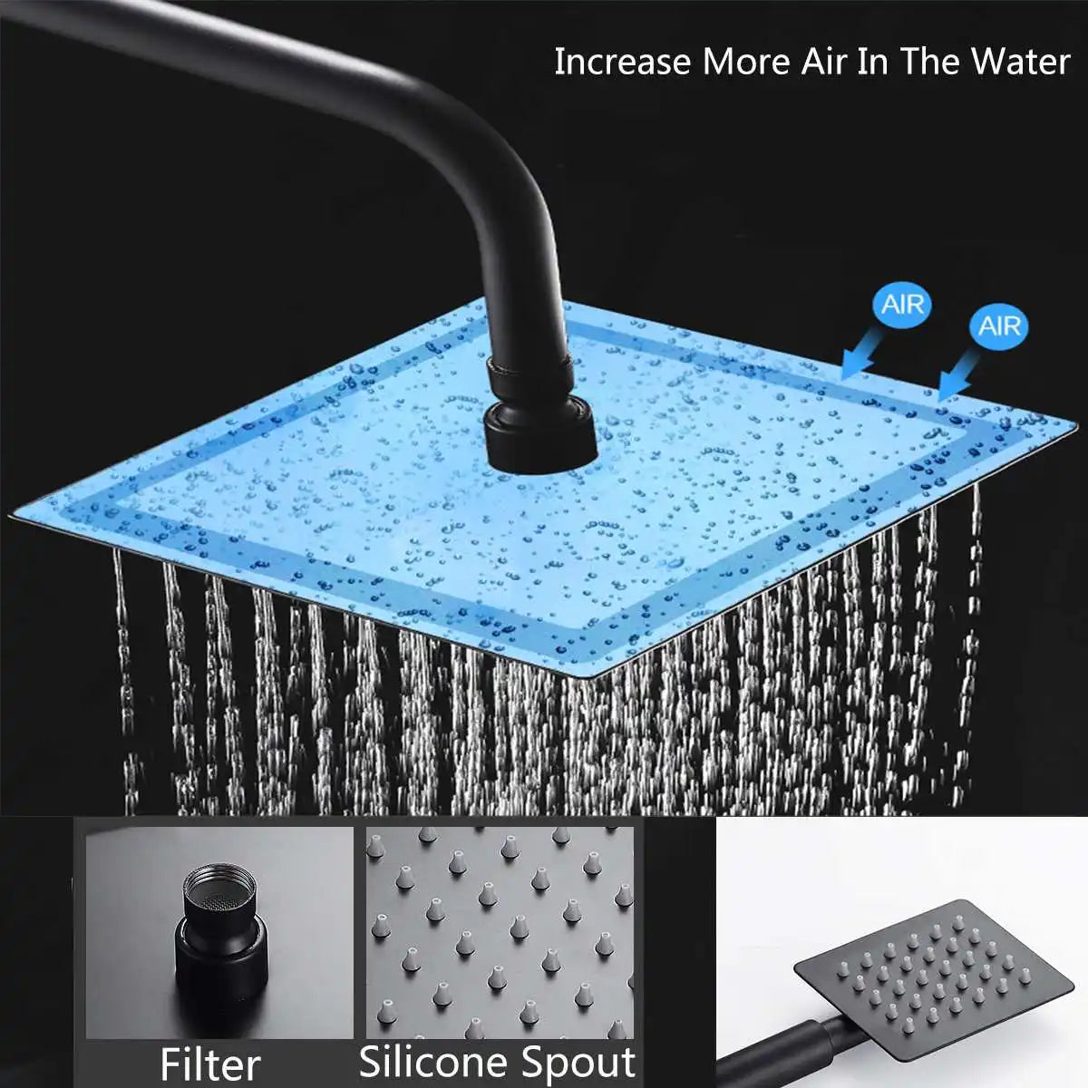 JETEVEVEN Ensemble Douche Pluie Mural Noir Mat – 3 Voies, Étagère Intégrée, Mitigeur Baignoire | Système Douche Complet