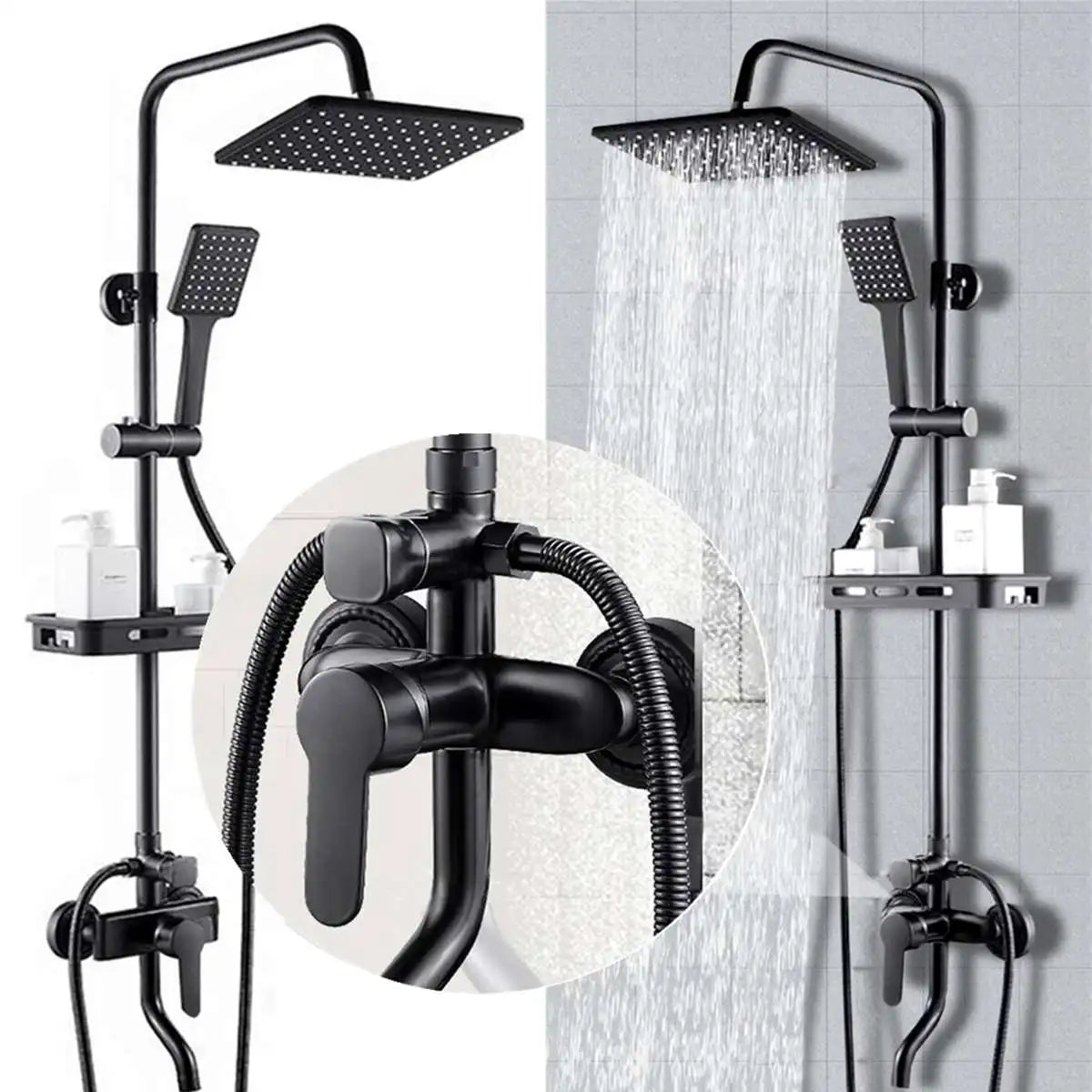 JETEVEVEN Ensemble Douche Pluie Mural Noir Mat – 3 Voies, Étagère Intégrée, Mitigeur Baignoire | Système Douche Complet
