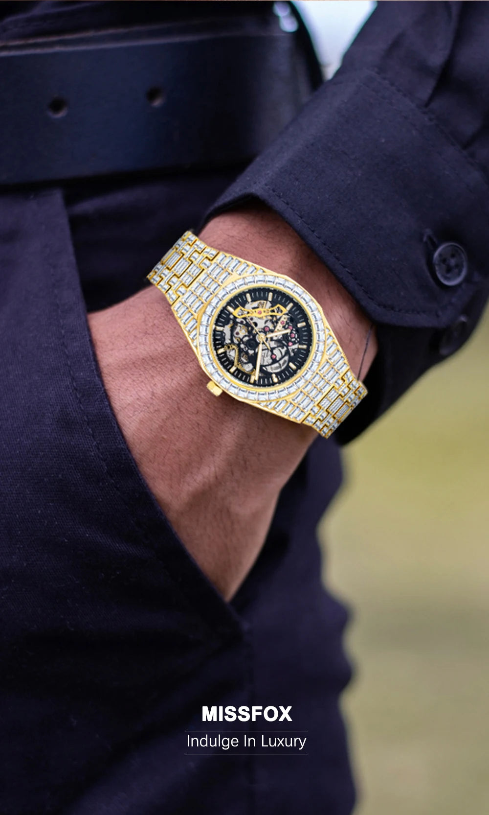 Montre Homme Squelette Or Baguette Automatique – Diamond Lumineux Luxe Étanche Collector