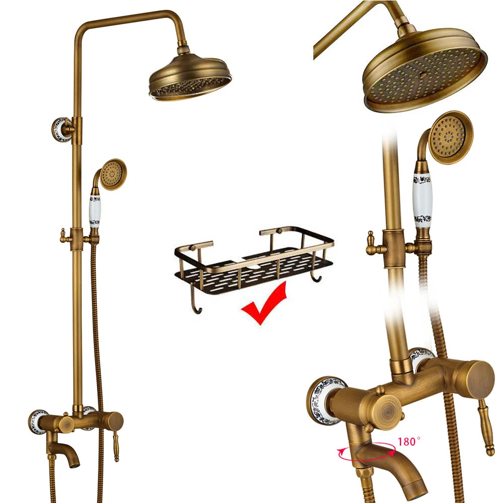 Rozin Ensemble Douche Antique Laiton Mural – Double Poignée, Douchette & Étagère Intégrée | Mitigeur Style Vintage
