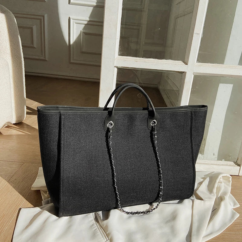 Tote Bag Femme Toile Grande Capacité – Cabas Shopping Chaînes Épaule Messenger Casual
