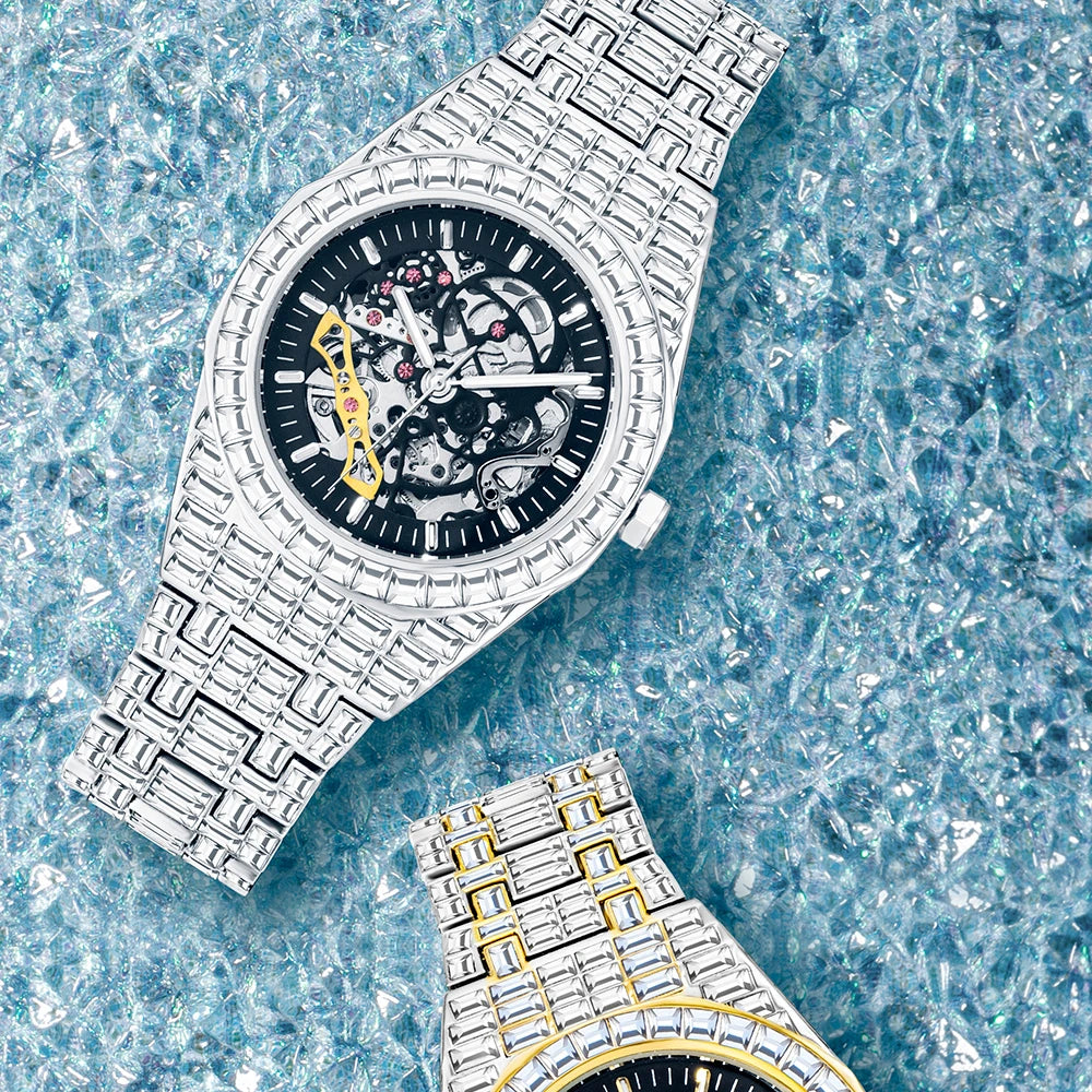 Montre Homme Squelette Or Baguette Automatique – Diamond Lumineux Luxe Étanche Collector