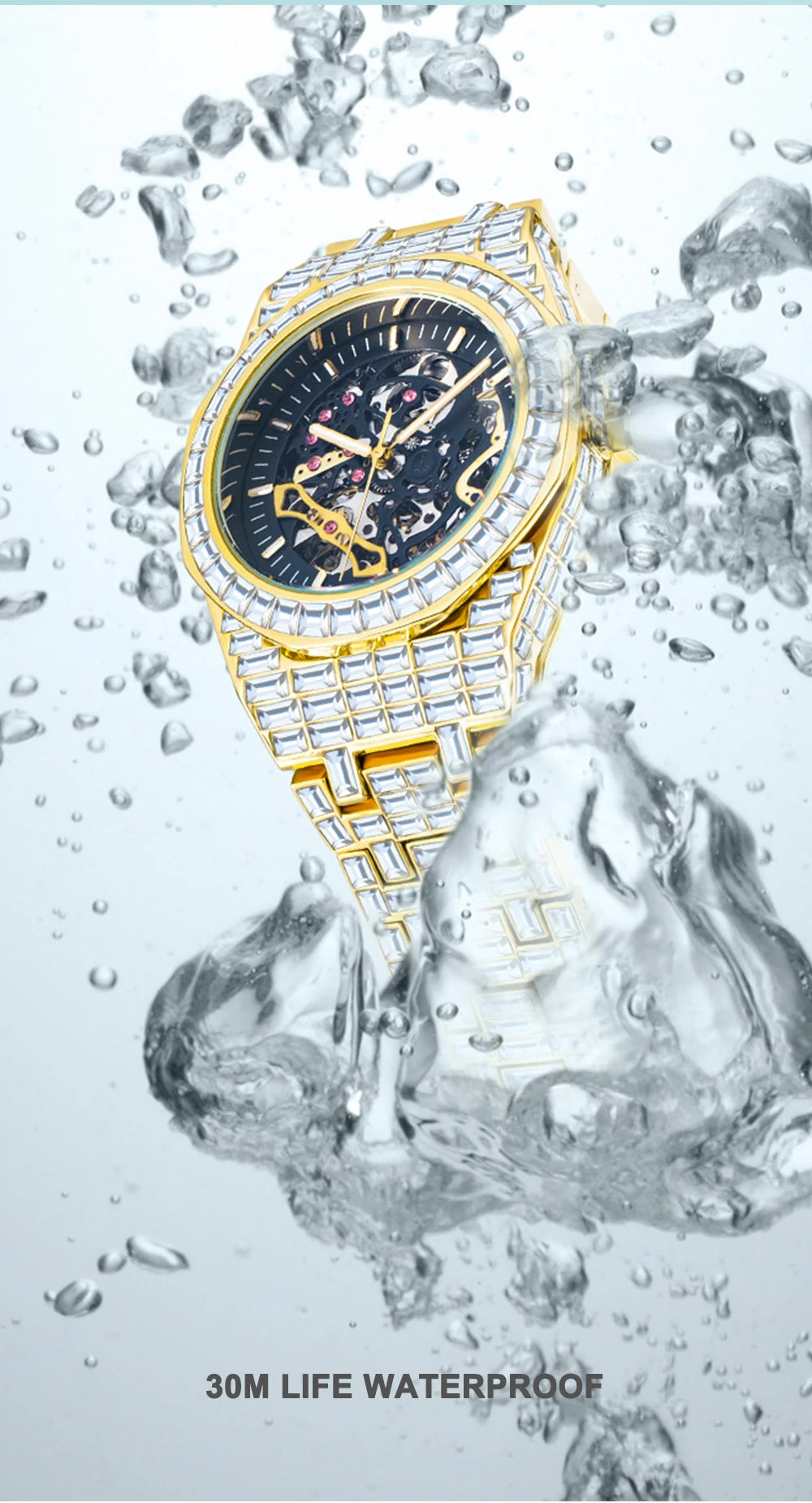 Montre Homme Squelette Or Baguette Automatique – Diamond Lumineux Luxe Étanche Collector