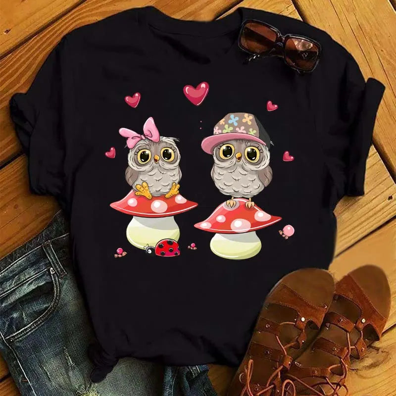 T-Shirt Femme Hibou Kawaii 🦦 – Style Harajuku Japonais | Graphic Tee Cute Manches Courtes