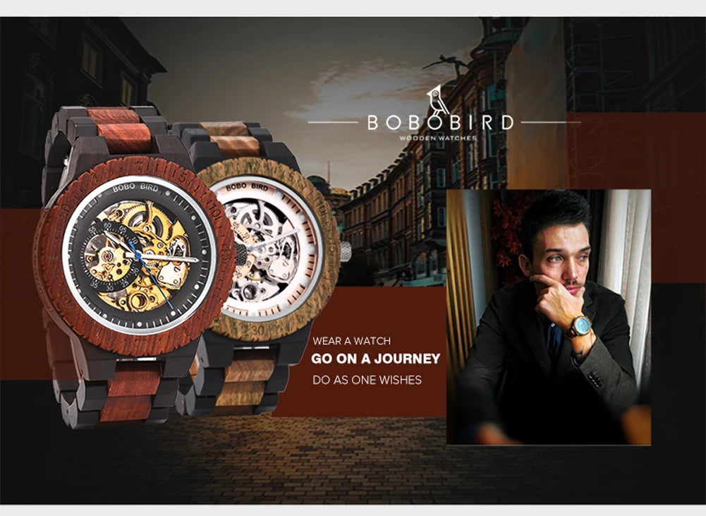 Montre Homme BOBO BIRD Bois Mécanique Luxe – Grand Cadran Top Brand Naturel Unique