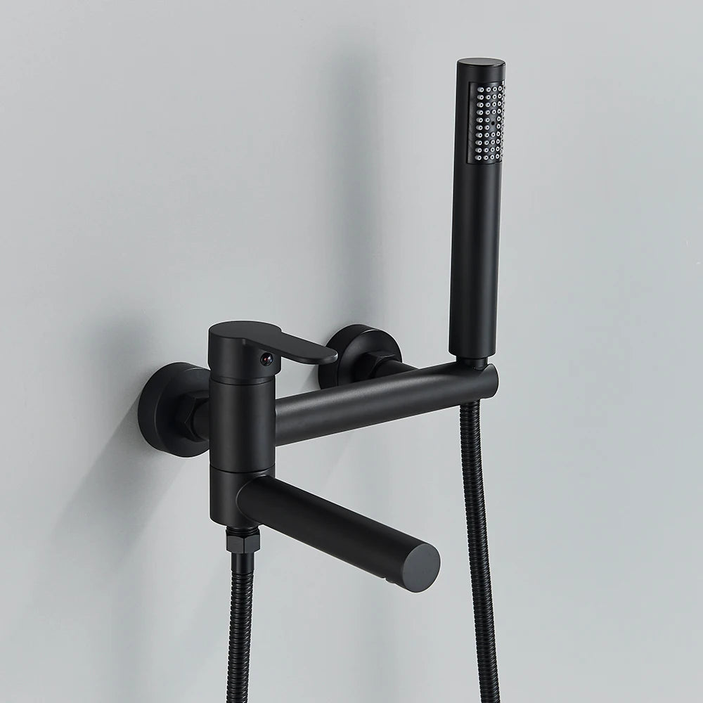 Rozin Robinet Baignoire Mural Noir & Or – Bec Pivotant en Laiton, Mitigeur Douche Complet | Salle de Bain Luxe