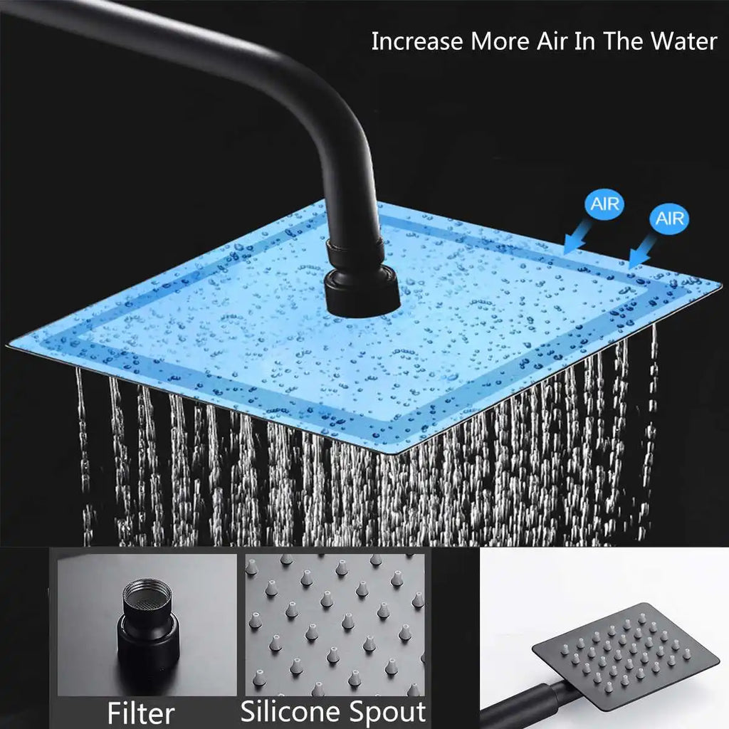 JETEVEVEN Ensemble Douche Pluie Mural Noir Mat – 3 Voies, Étagère Intégrée, Mitigeur Baignoire | Système Douche Complet