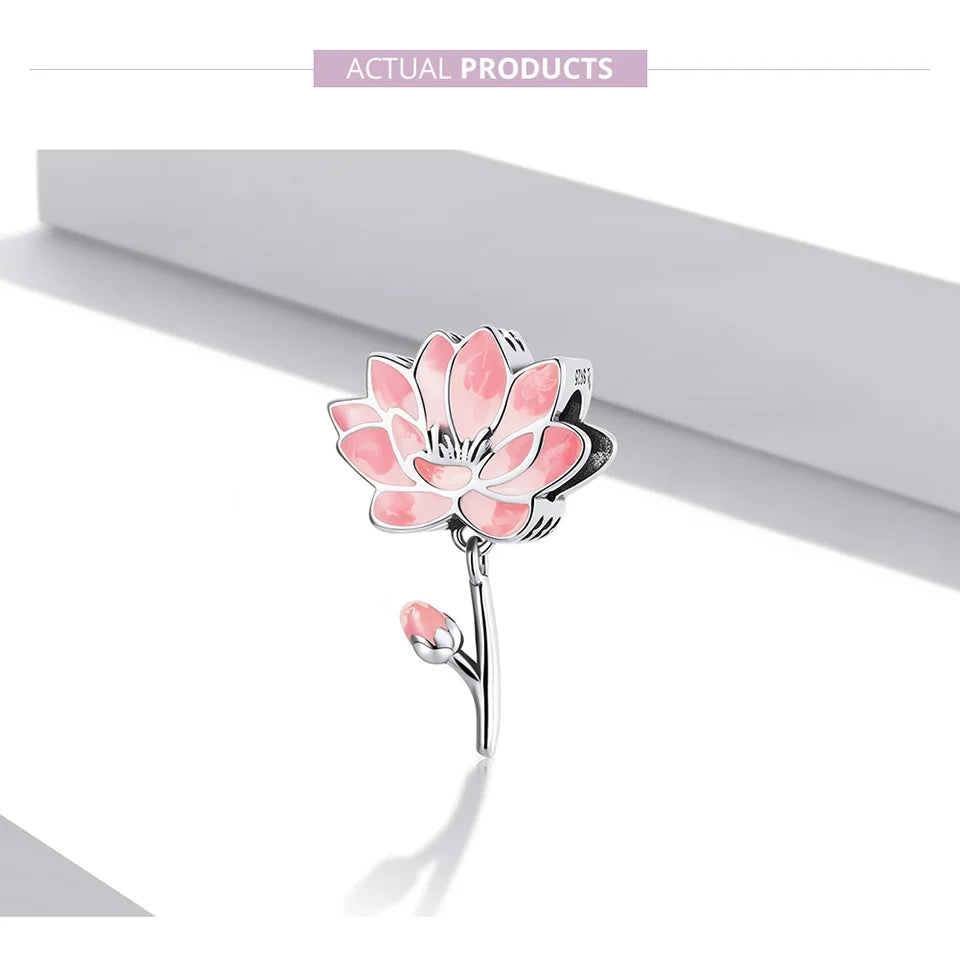 Charm Argent 925 Fleur de Lotus Rose Bamoer – Pendentif Sac & Bracelet DIY | Bijou Fin Femme Premium Élégant & Symbolique