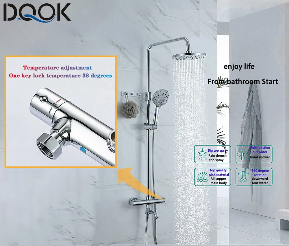 DQOK Ensemble Douche Thermostatique Chrome – Cascade & Pluie, Mitigeur Baignoire | Système Douche Complet