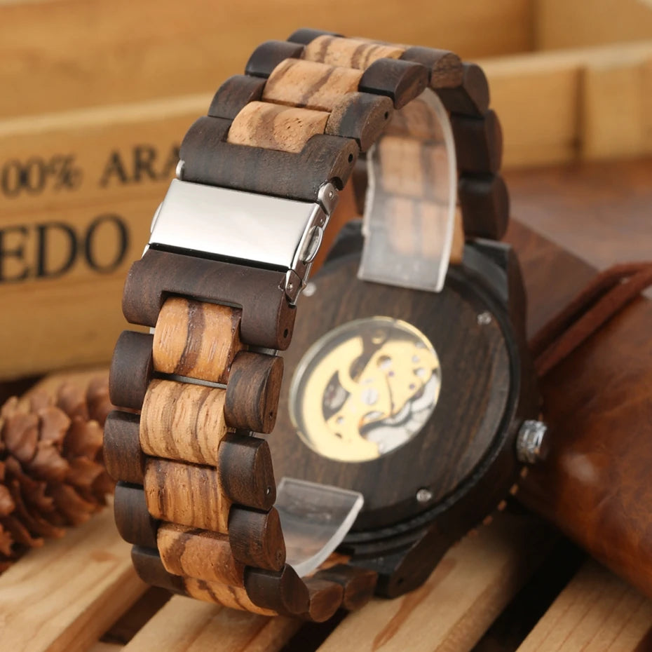 Montre Homme Luxe Mécanique Automatique Bois Bracelet Réglable – Fashion Éco-Responsable Unique