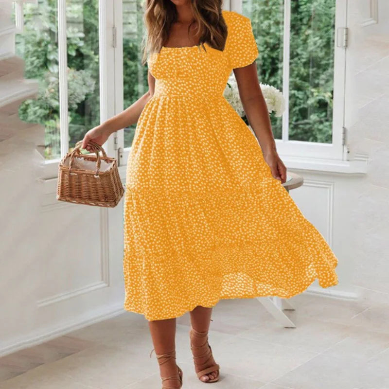 Vintage Maxikleid mit Blumenmuster – Carmen-Ausschnitt & Puffärmel | Maxi Strandkleid Casual