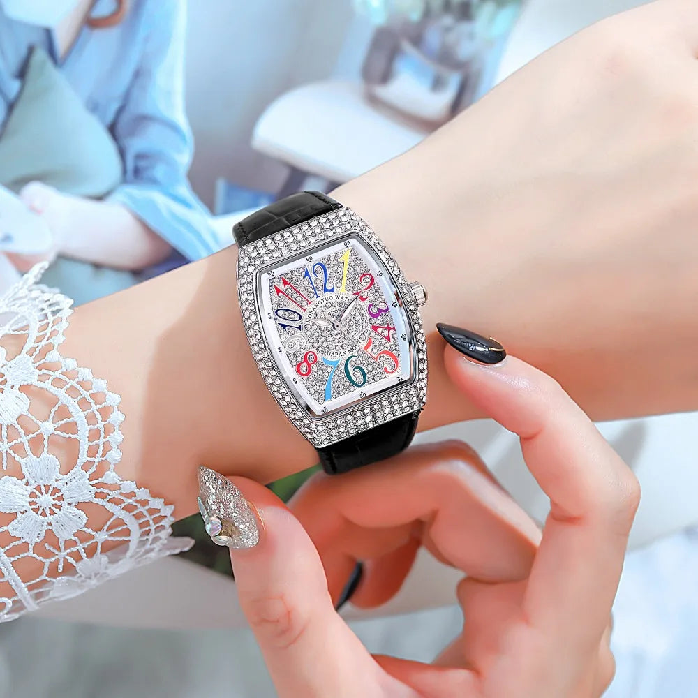 Damen Luxus Diamant Kristall Rechteckiges Zifferblatt Bunt Leder Quarz Uhr – Einzigartiges Elegantes Design