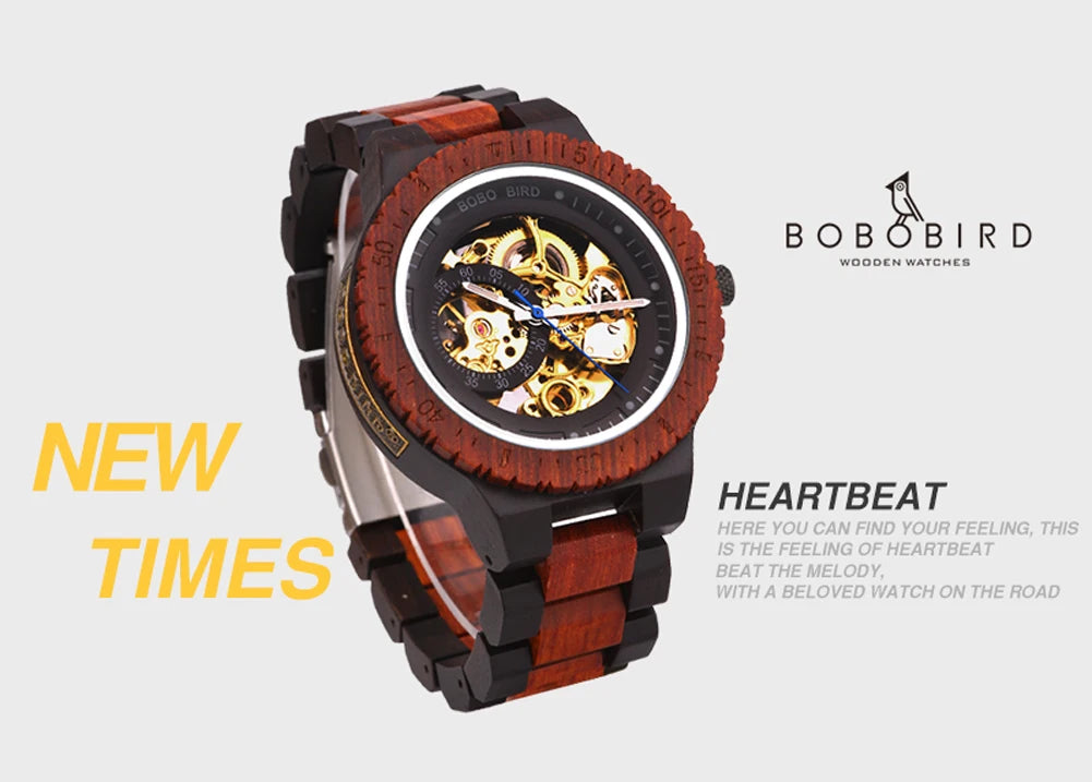 Montre Homme BOBO BIRD Bois Mécanique Luxe – Grand Cadran Top Brand Naturel Unique