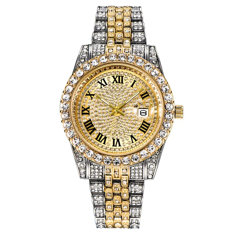 Montre Homme Hip Hop Diamant Fashion Bracelet Alliage Dorée Luxe Date Quartz Tendance Streetwear Bling | Montre Hip Hop Diamant Dorée Premium