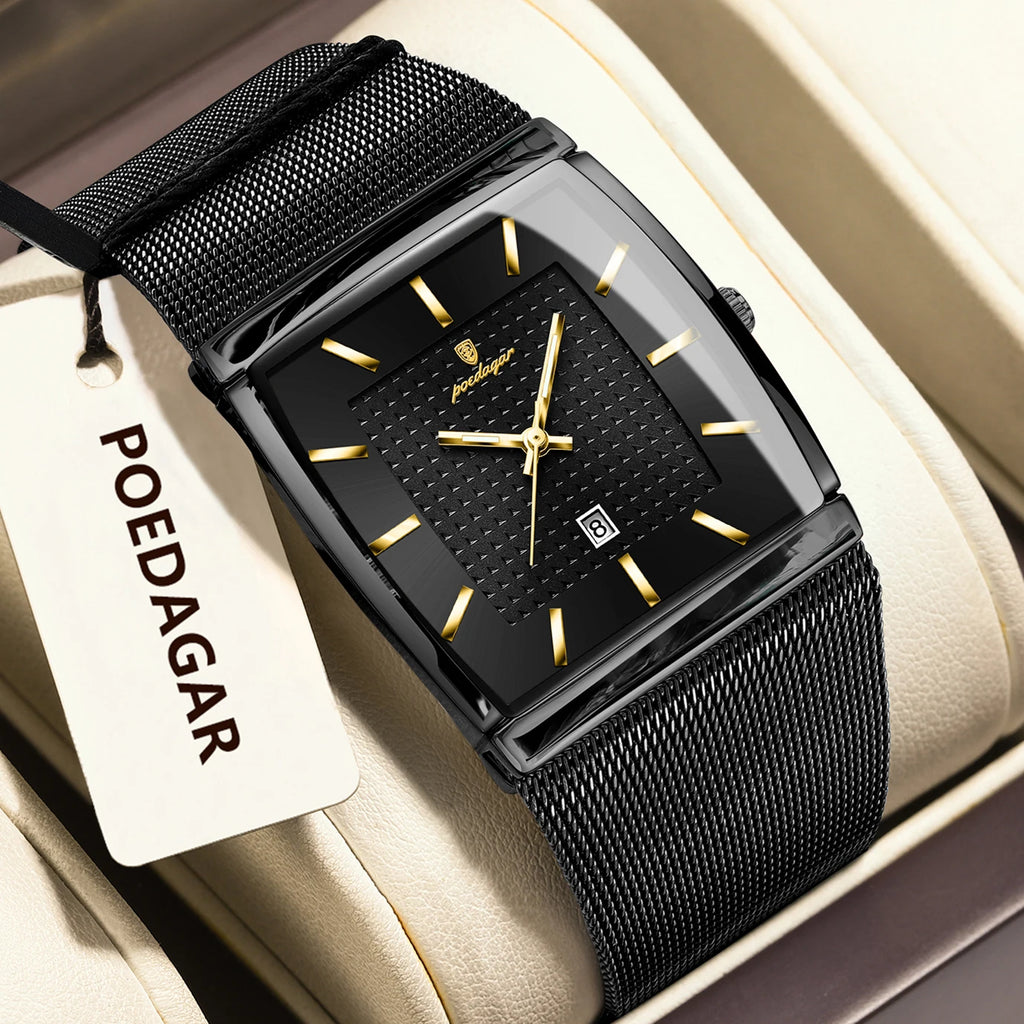 Montre Homme Luxe POEDAGAR Maille Acier Inoxydable Lumineux Date Quartz – Étanche Élégante