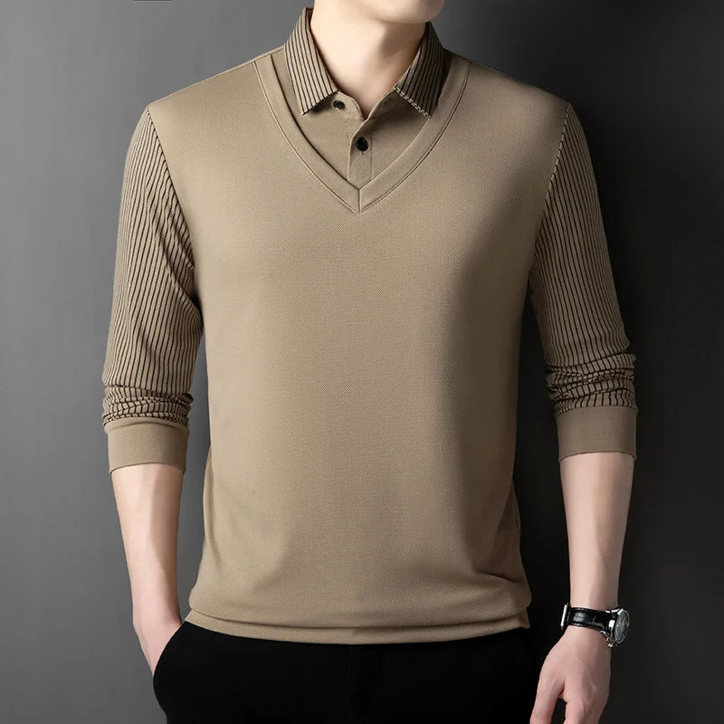 Polo Homme Manches Longues Faux Deux Pièces Couleur Unie – Business Casual Élégant Toutes Saisons Polyvalent | Mode Homme Premium