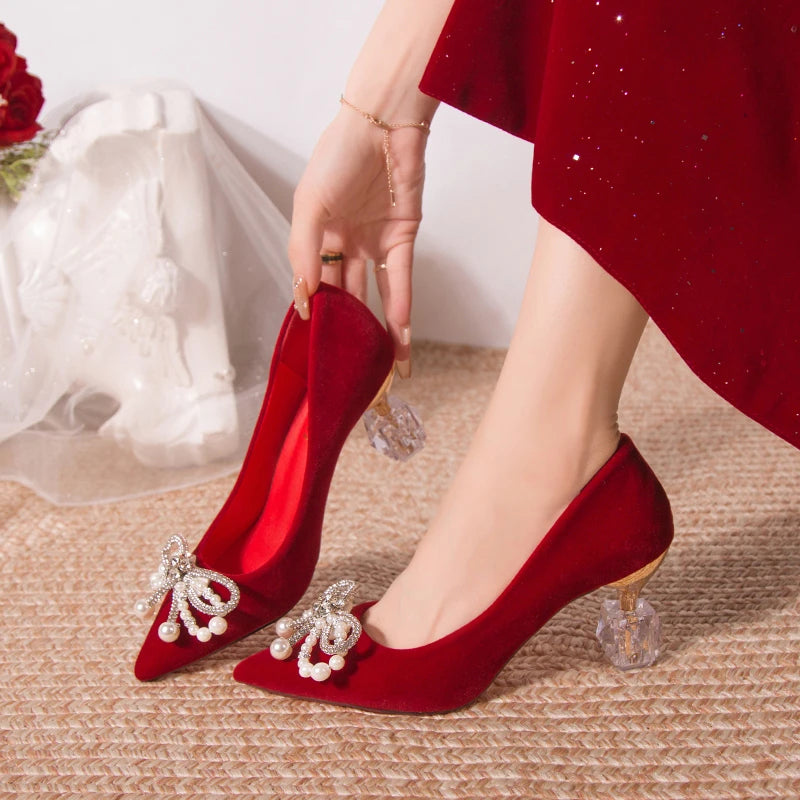 Chaussures Mariée Perle Talon Épais Bout Pointu – Xiuhe Robe Mariage Confortables