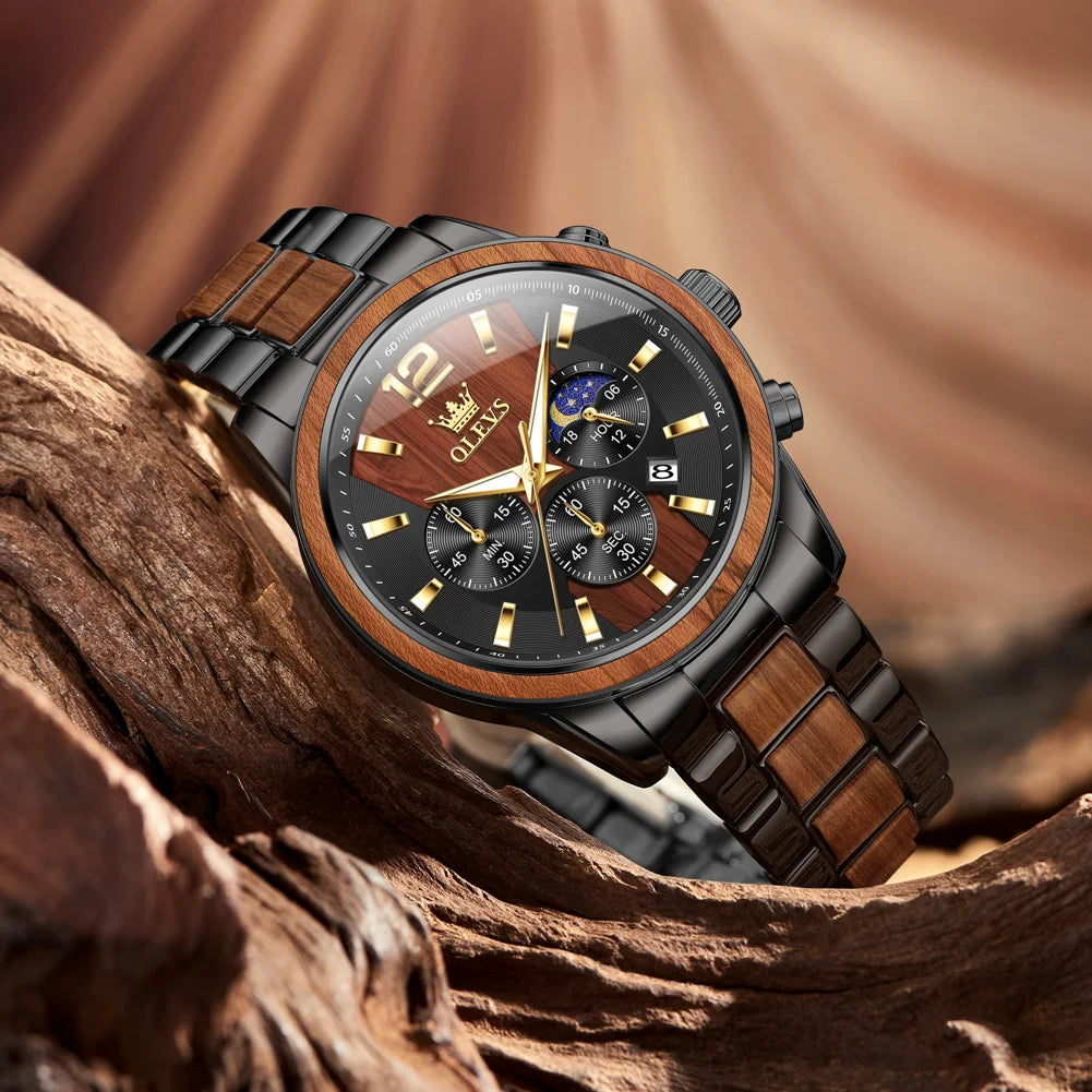 Montre Homme OLEVS Luxe Quartz – Bracelet Acier & Bois Santal Rouge Lumineux Étanche Calendrier