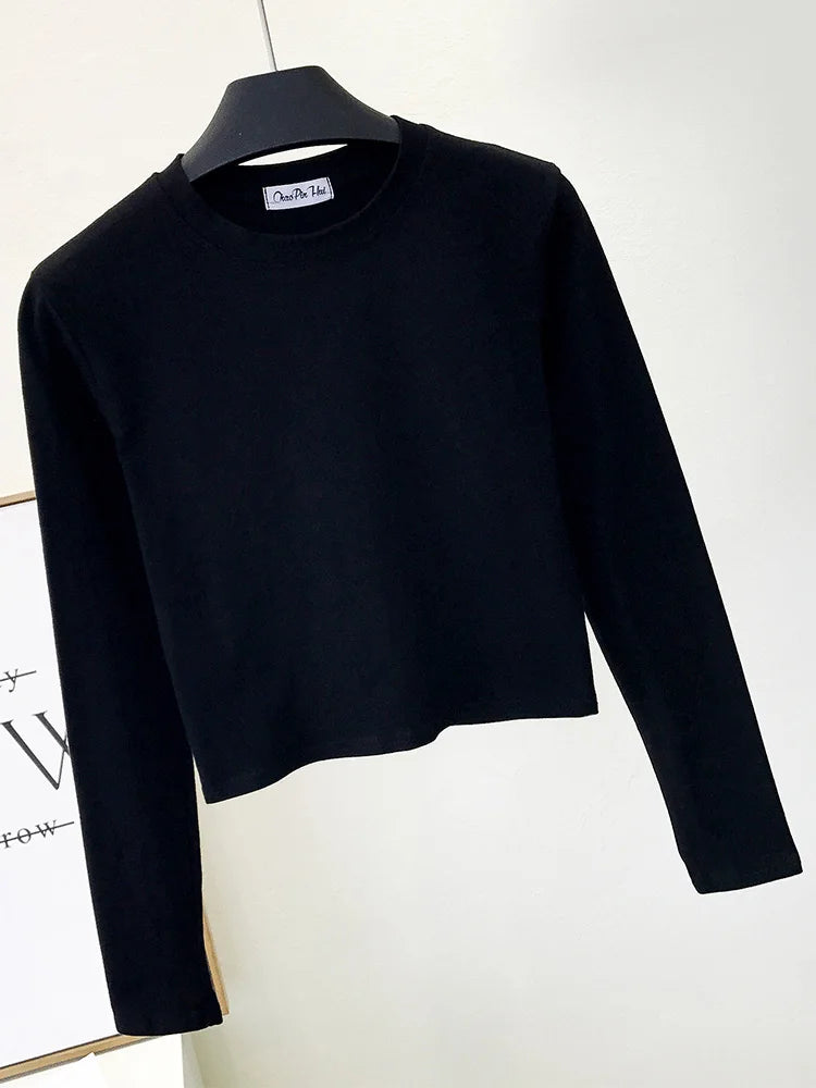 Top Femme Sexy Col Rond Manches Longues Découpe Nombril Basique – Mode Casual & Tendance | Automne